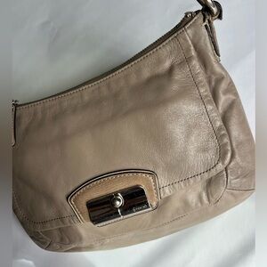 Taupe Leather Shoulder Bag with Turn-Lock Closure